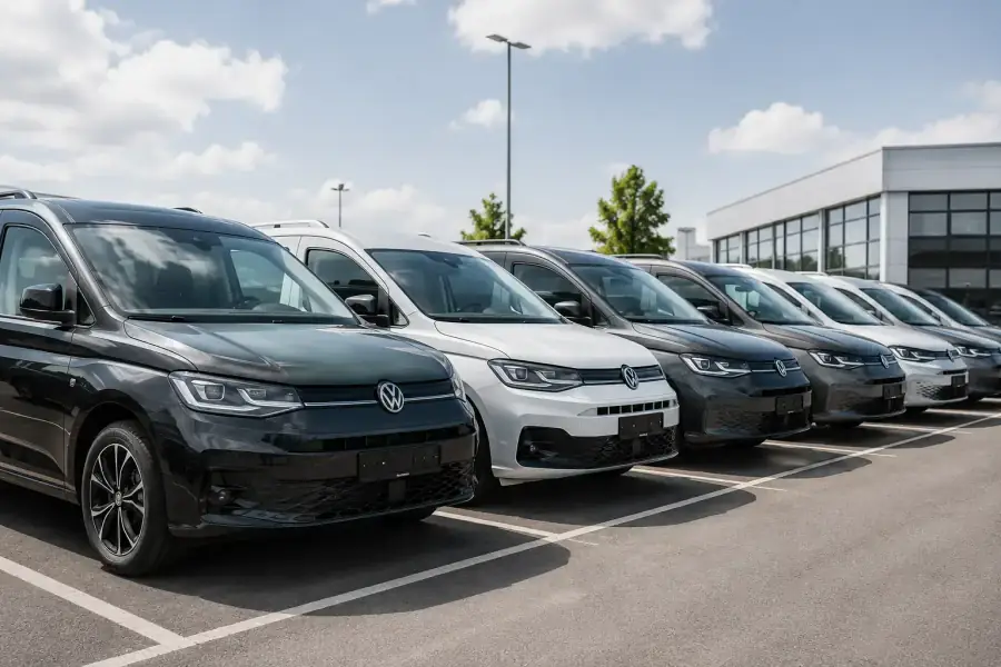 Mehrere Firmenfahrzeuge in einer Reihe auf einem Parkplatz